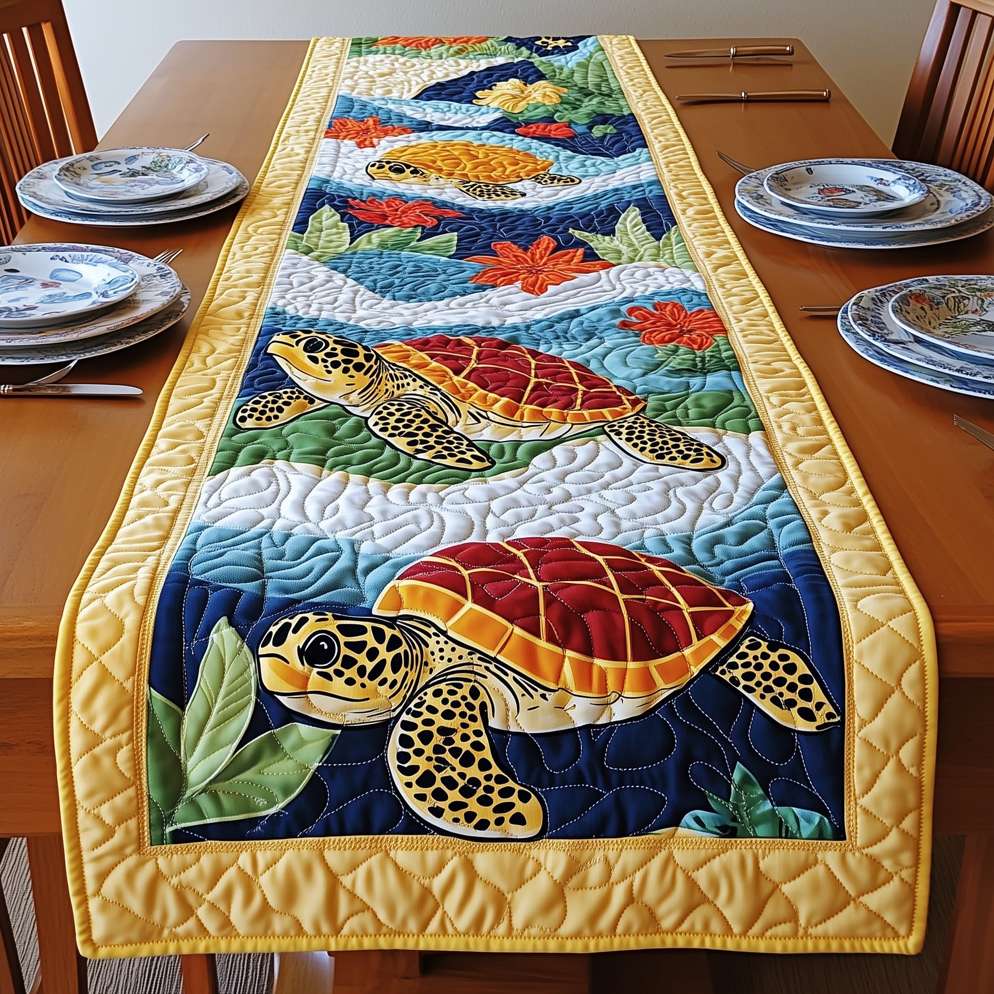 Joyful Turtle Quilted Table Runner Christmas Table Runner