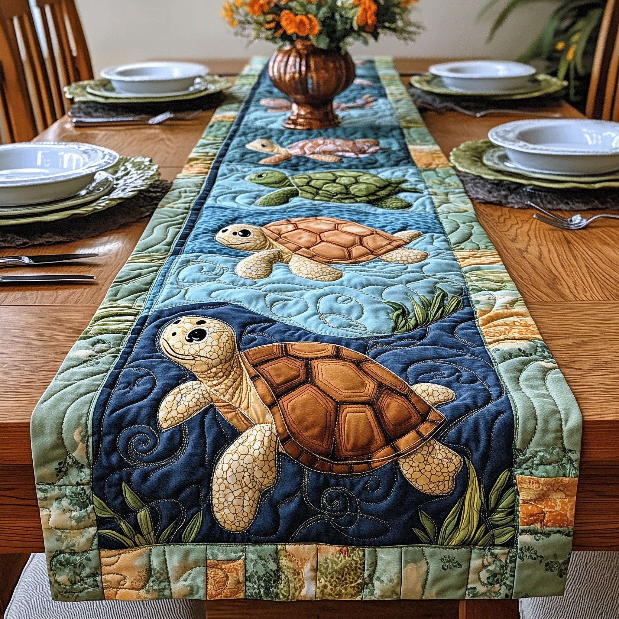 Joyful Turtle Quilted Table Runner Holiday Banquet Table Runner