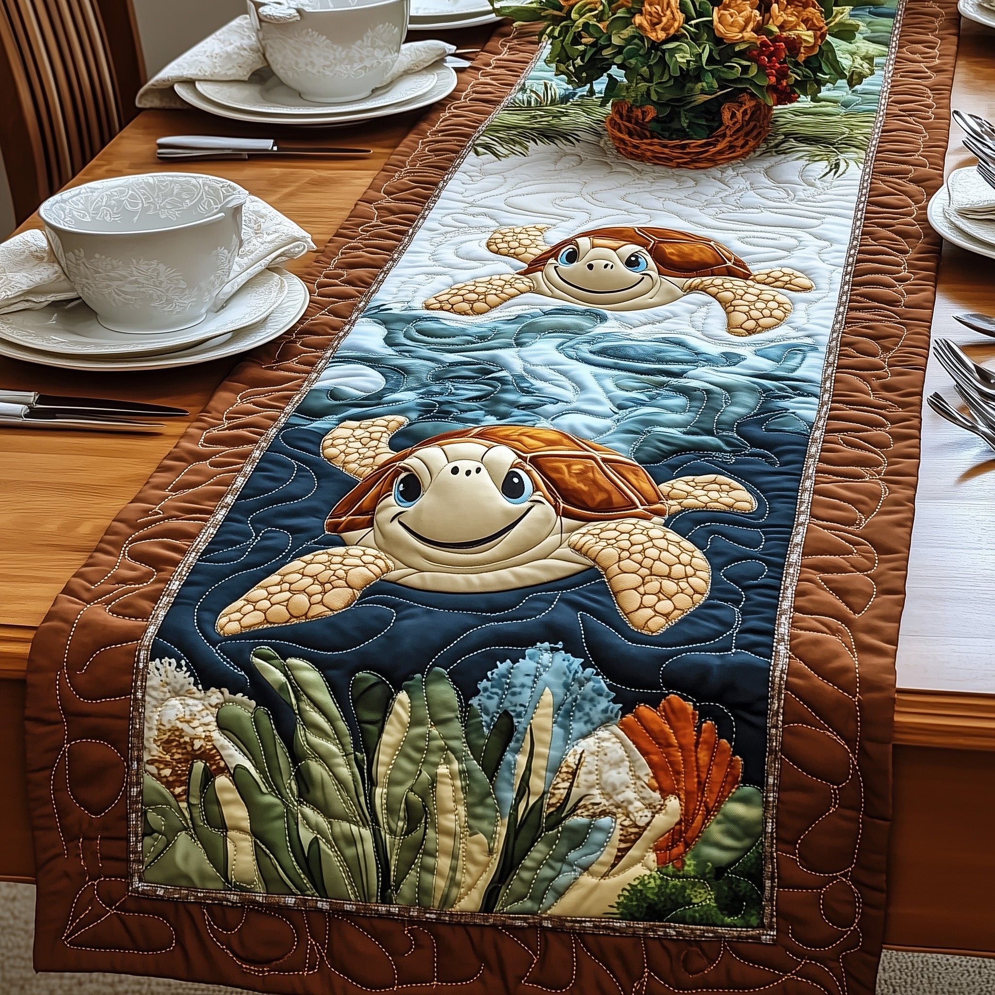 Joyful Turtle Quilted Table Runner Holiday Table Runner Decoration