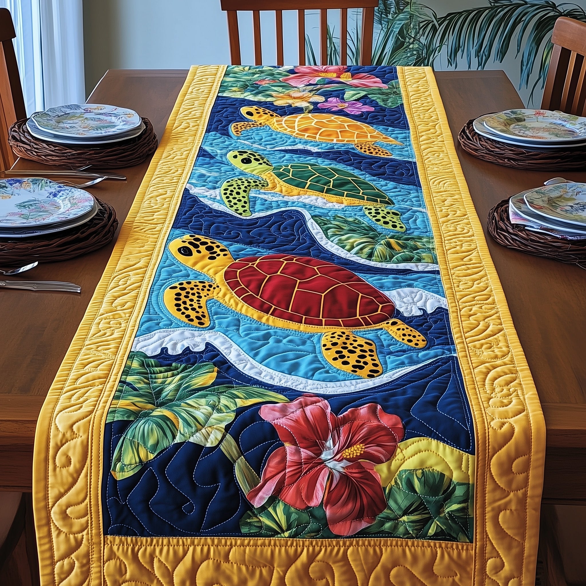 Joyful Turtle Quilted Table Runner Merry Christmas Table Runner Decor