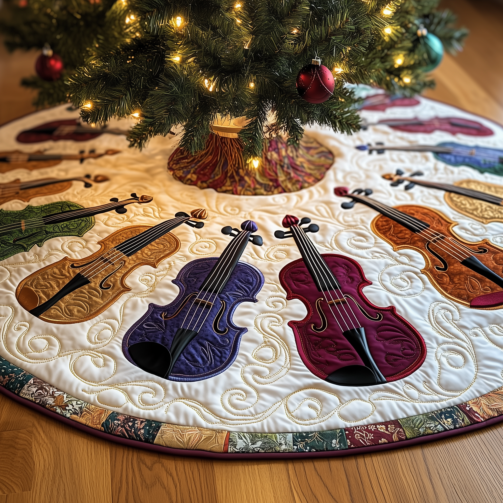 Joyful Violin Quilted Tree Skirt Christmas Tree Skirt Christmas Gifts For Violinists
