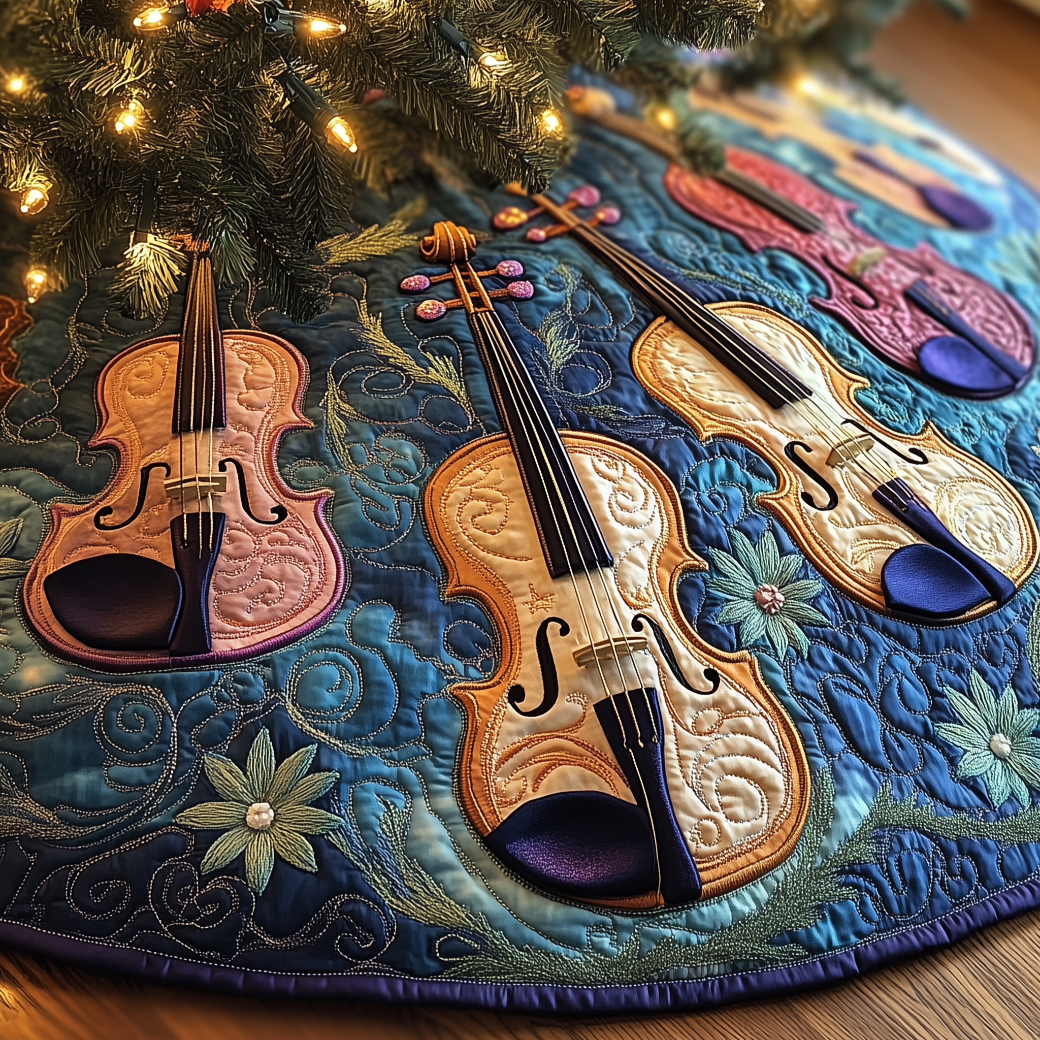 Joyful Violin Quilted Tree Skirt Elegant Christmas Tree Decor Merch