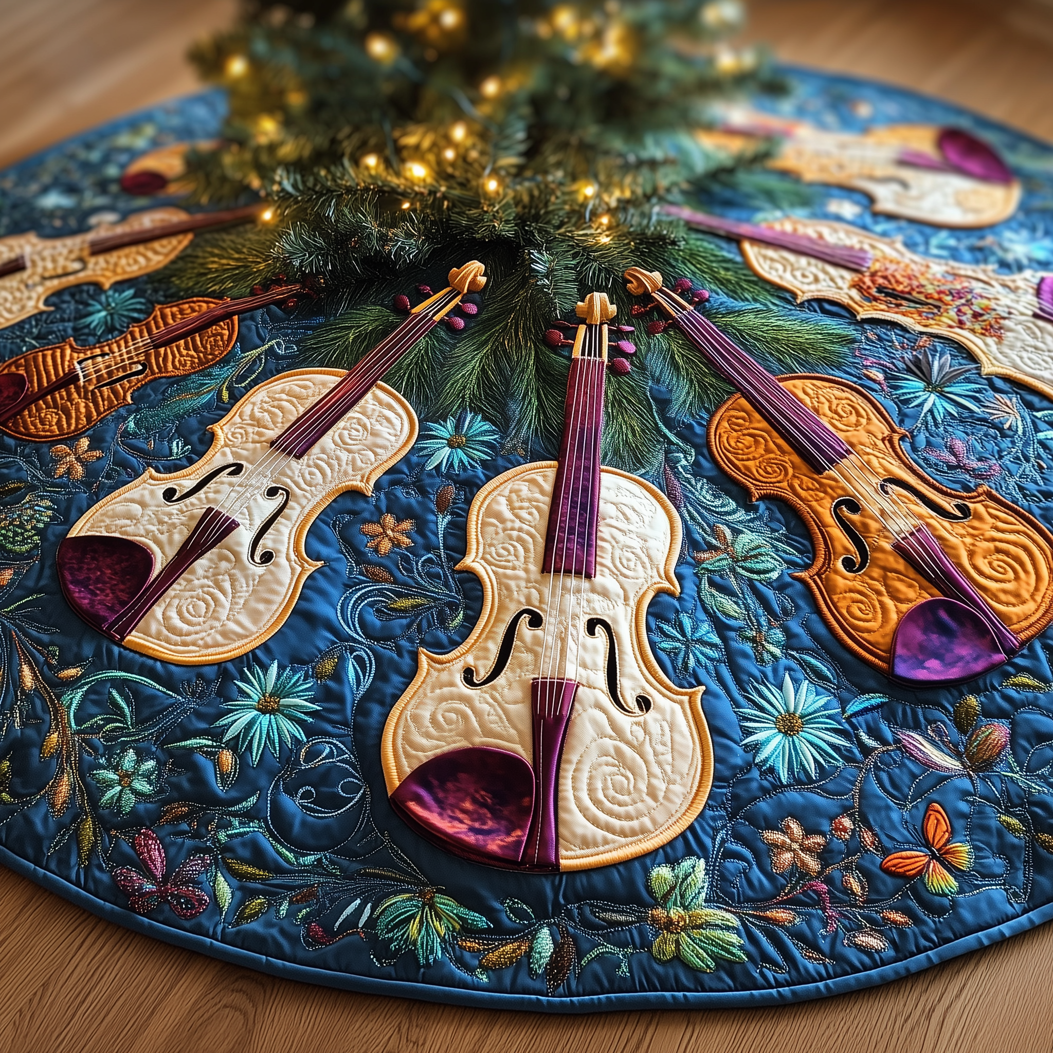 Joyful Violin Quilted Tree Skirt Holiday Gift Merch