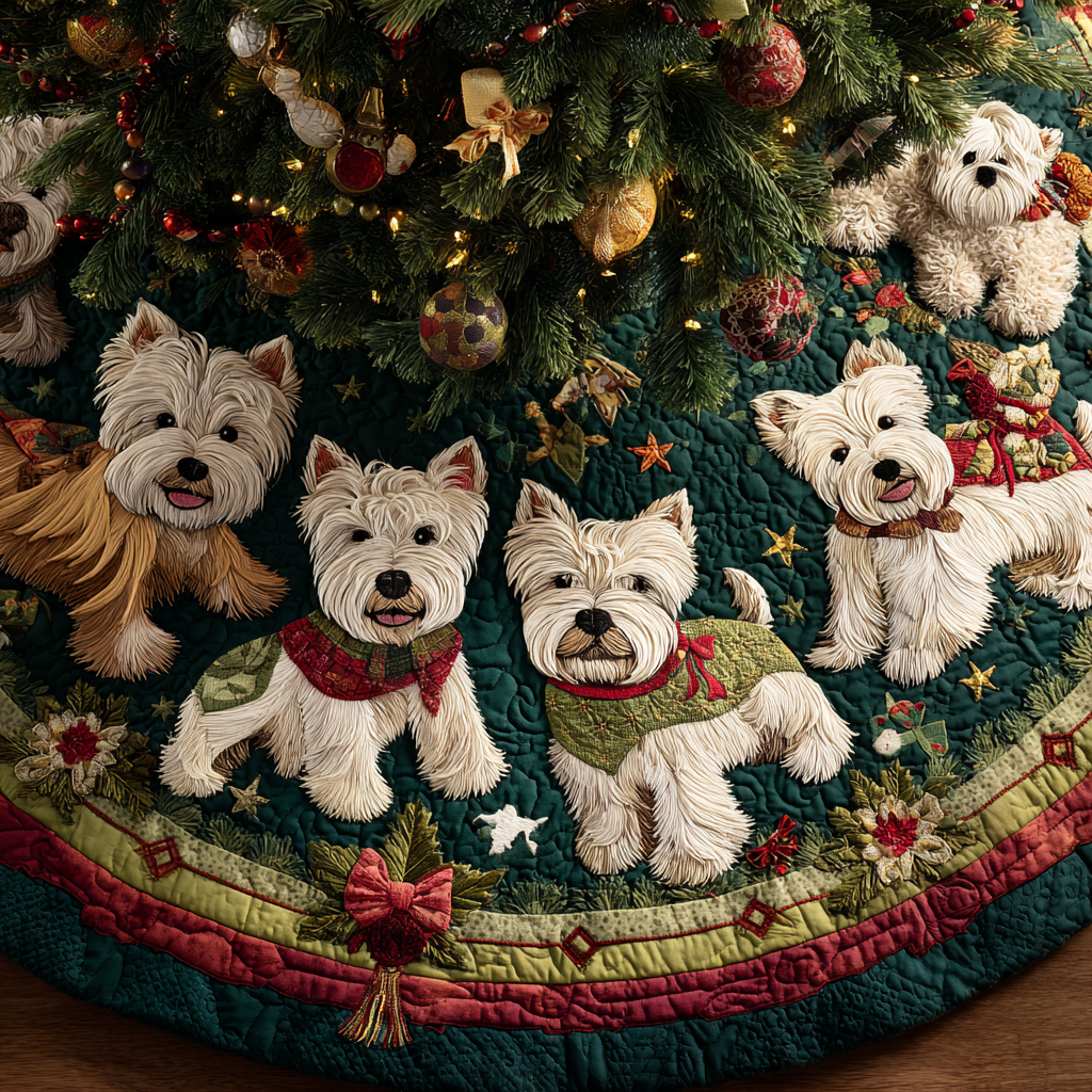 Joyful West Highland Terrier Christmas Quilted Tree Skirt Xmas Tree Decor Yorkshire Terrier Themed Gifts