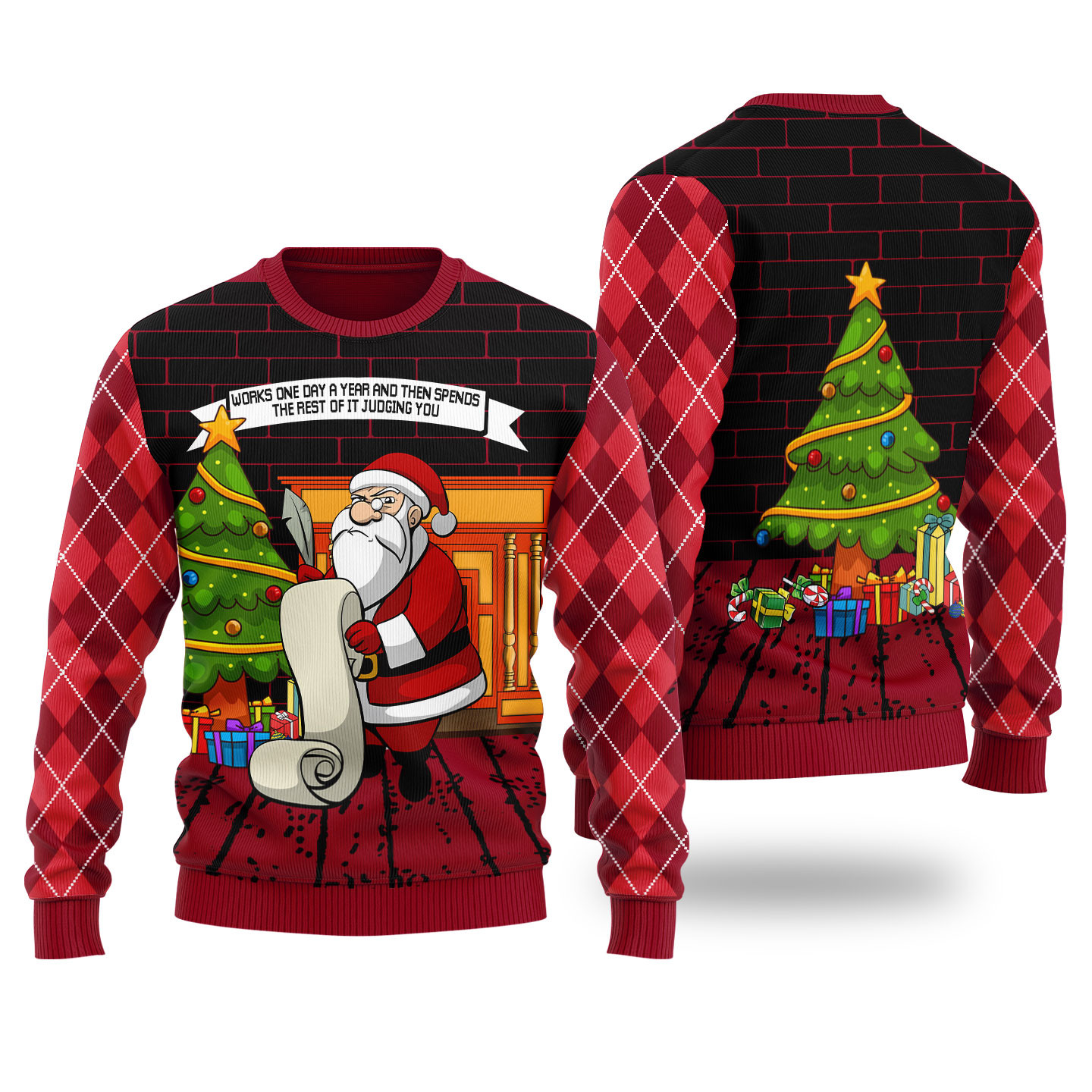 Judging Santa Ugly Christmas Sweater Cardinal Red Funny Xmas Sweater for Ugly Sweater Parties