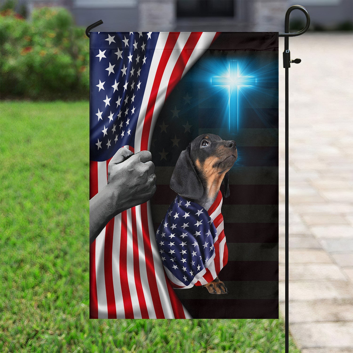 July 4th Dachshund Dog American Flag Cross Shape Garden Flag Gift For Dachshund Owner