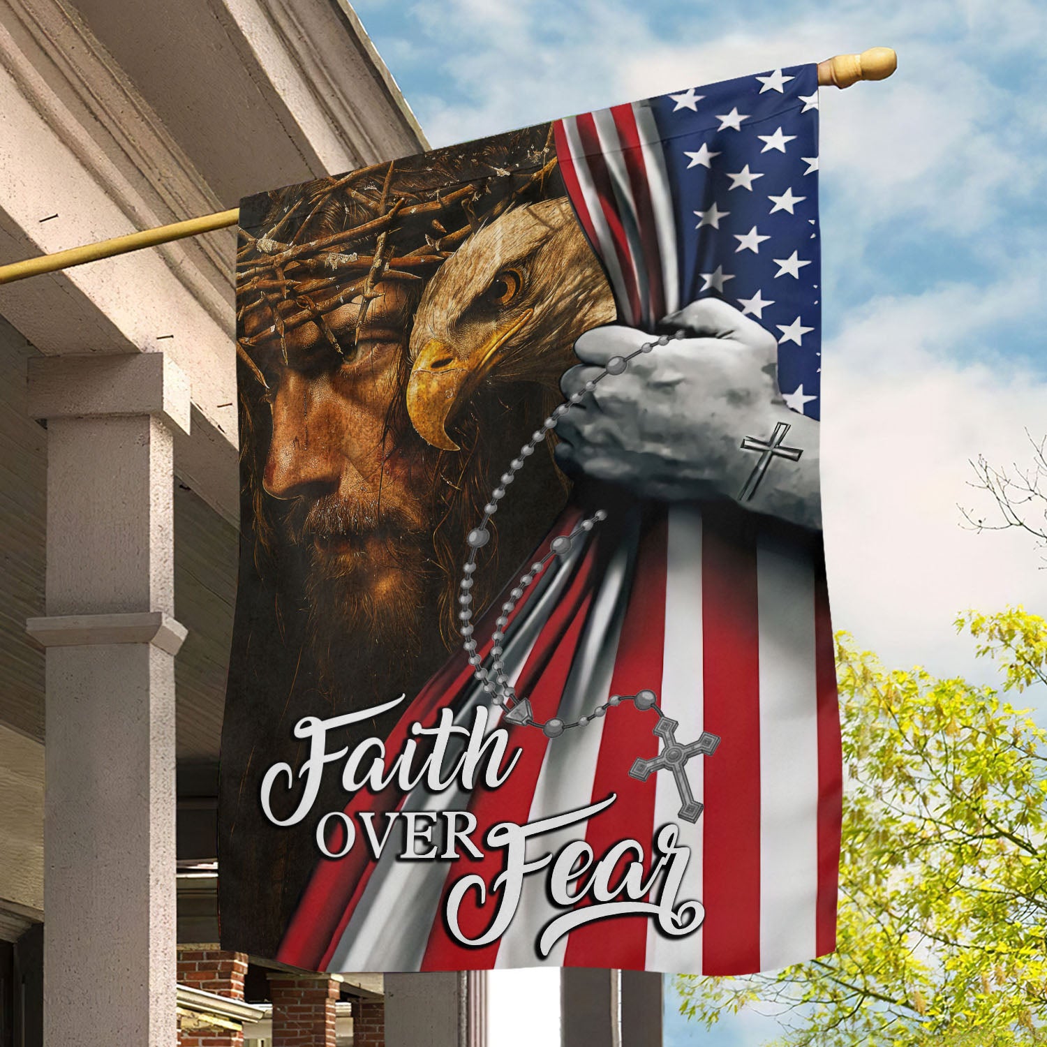 July 4th Jesus And Eagle Flag Faith Over Fear Independence Day Yard Flag America Lovers Gift
