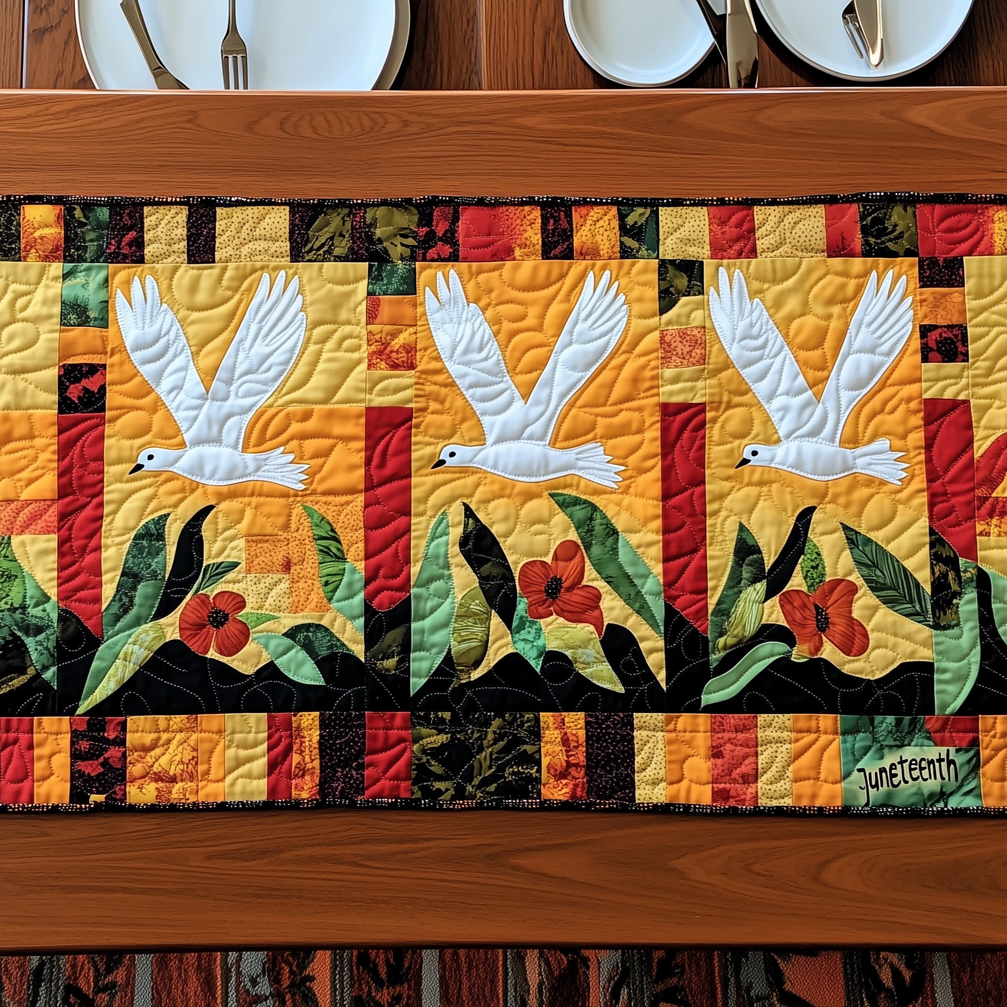 Juneteenth Liberation Flight Quilted Table Runner Holiday Party Table Runner