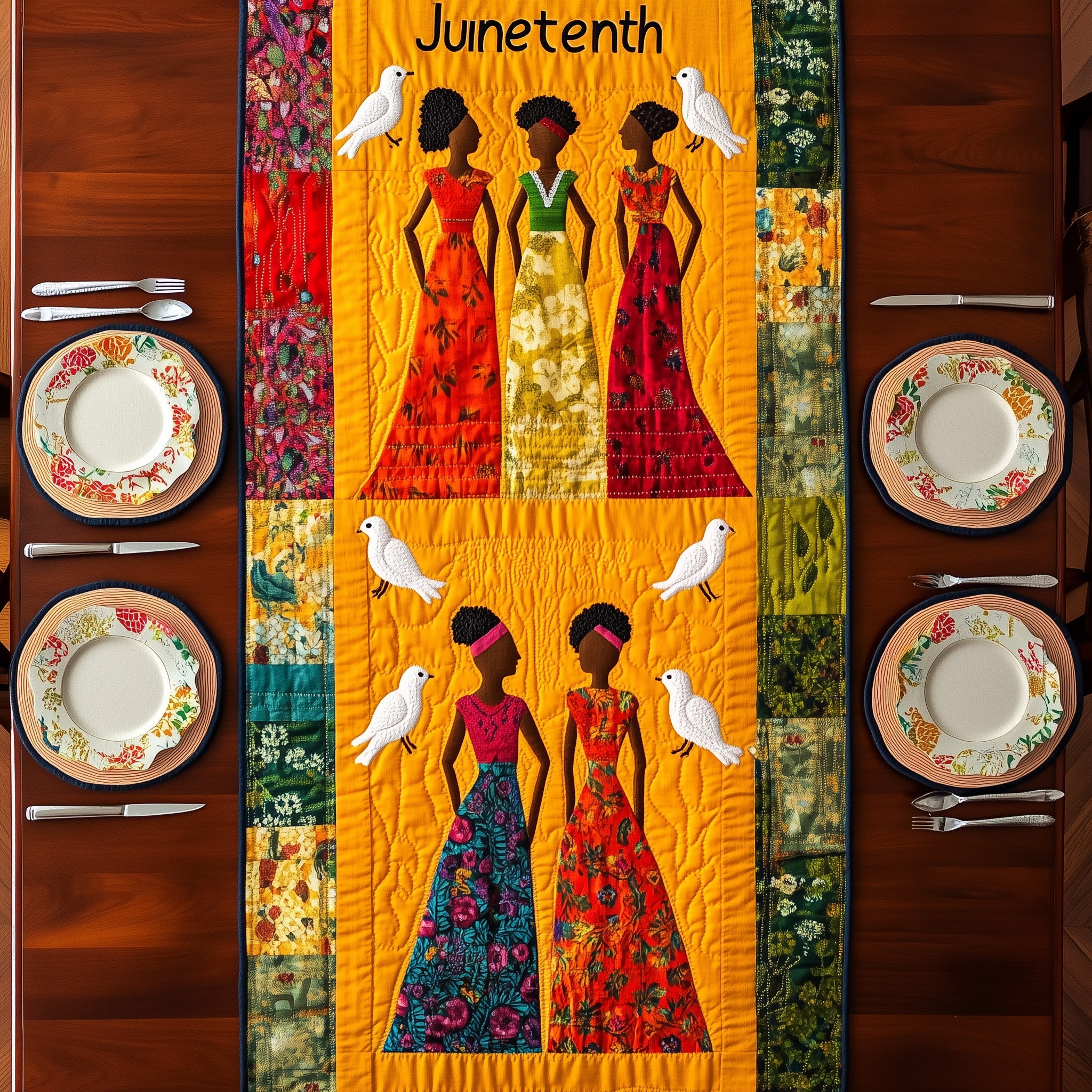 Juneteenth Quilted Table Runner Holiday Banquet Table Runner