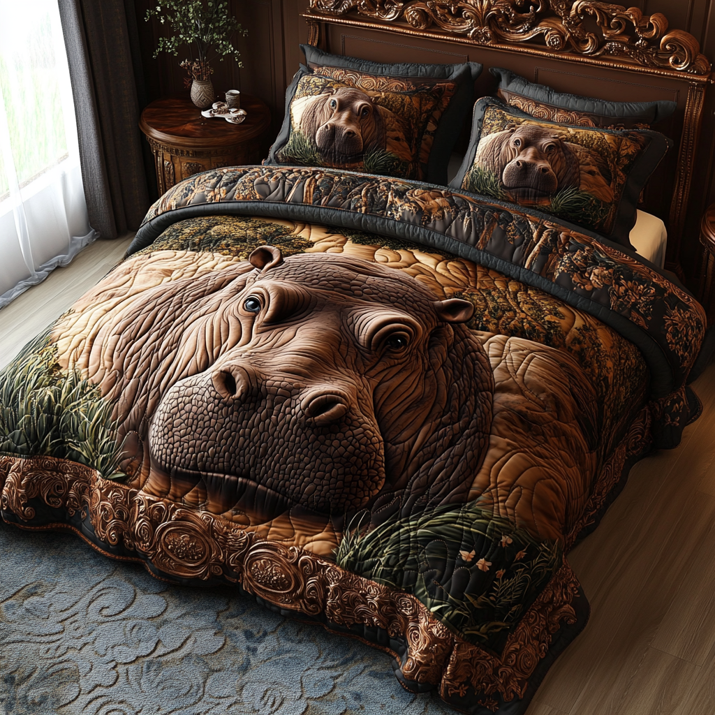 Jungle Hippo Quilted Bedding Set Home Comfort Bedding Set That Everyone Will Love