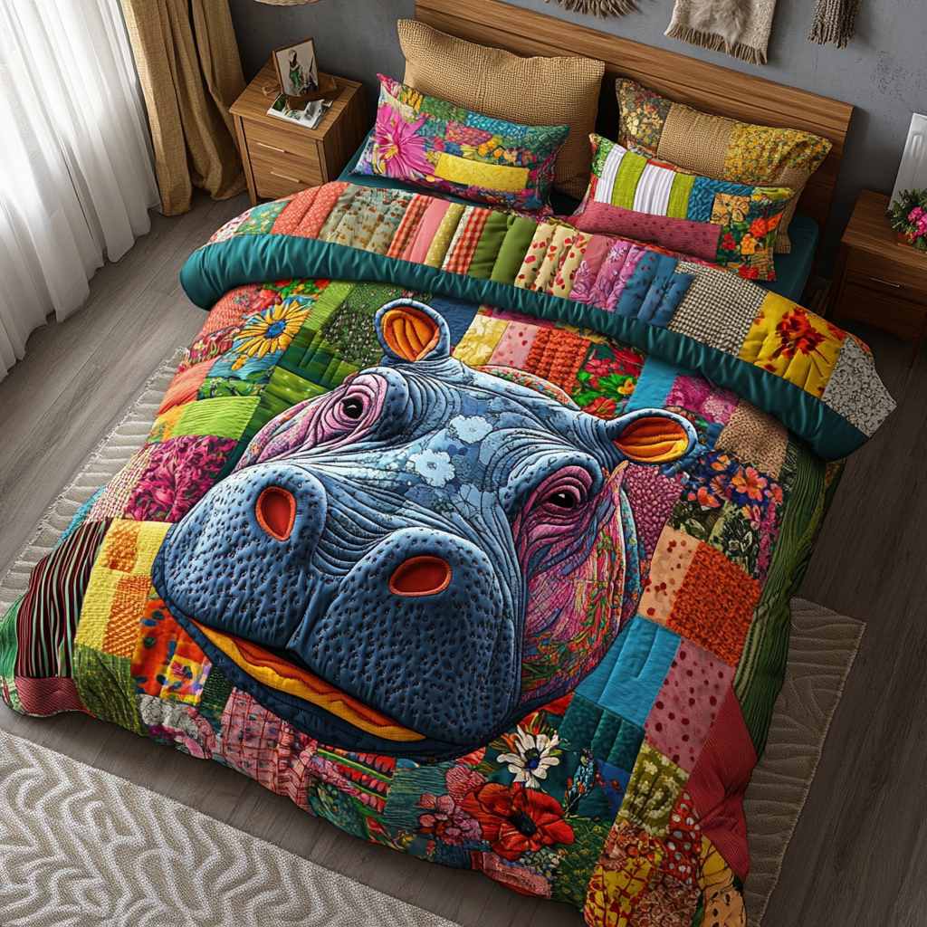 Jungle Snooze Quilted Bedding Set Duvet Cover Bed Sheet Set Hippo Gifts For Adults