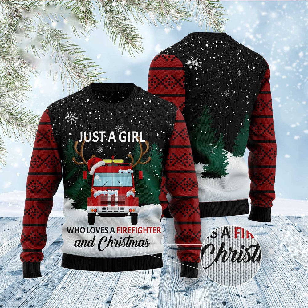 Just A Girl Who Loves Firefighter And Christmas Funny Ugly Christmas Sweater Gifts For Couples