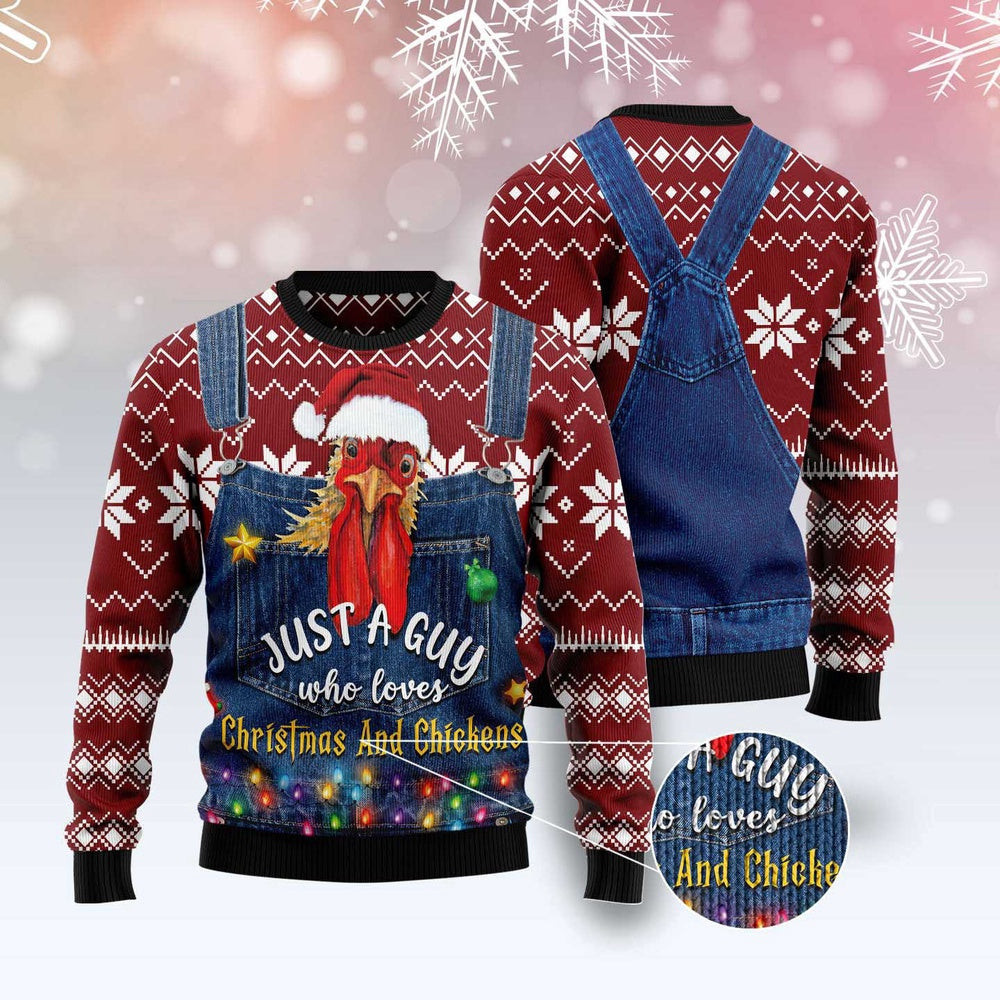 Just A Guy Who Loves Christmas And Chickens Funny Ugly Christmas Sweater Gifts For Couples
