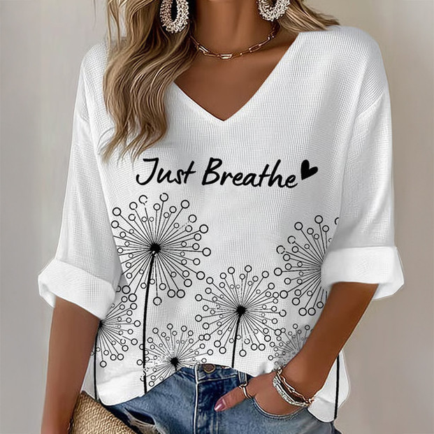 Just Breathe Dandelion Graphic V-Neck Long Sleeve Shirt Mental Health Awareness Clothing