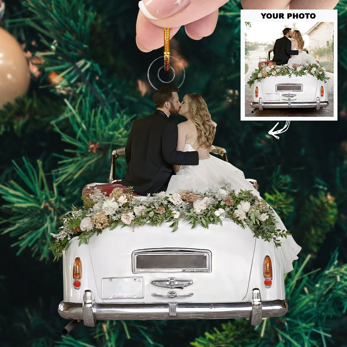 Just Married Car Version Personalized Photo Mica Ornament Christmas Anniversary Gift