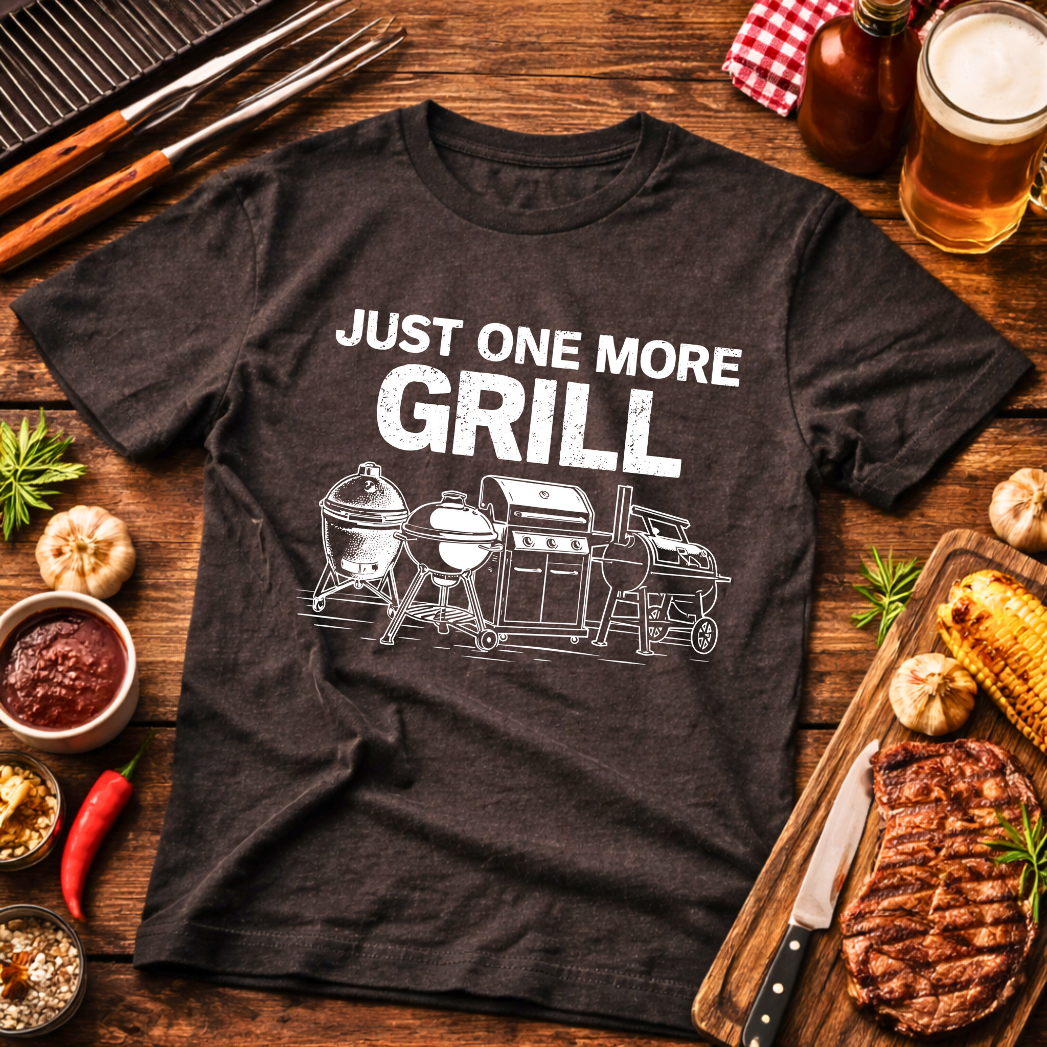 Just One More Grill T Shirt Funny BBQ Apparel Gift For Grilling Dad And Backyard Pitmasters