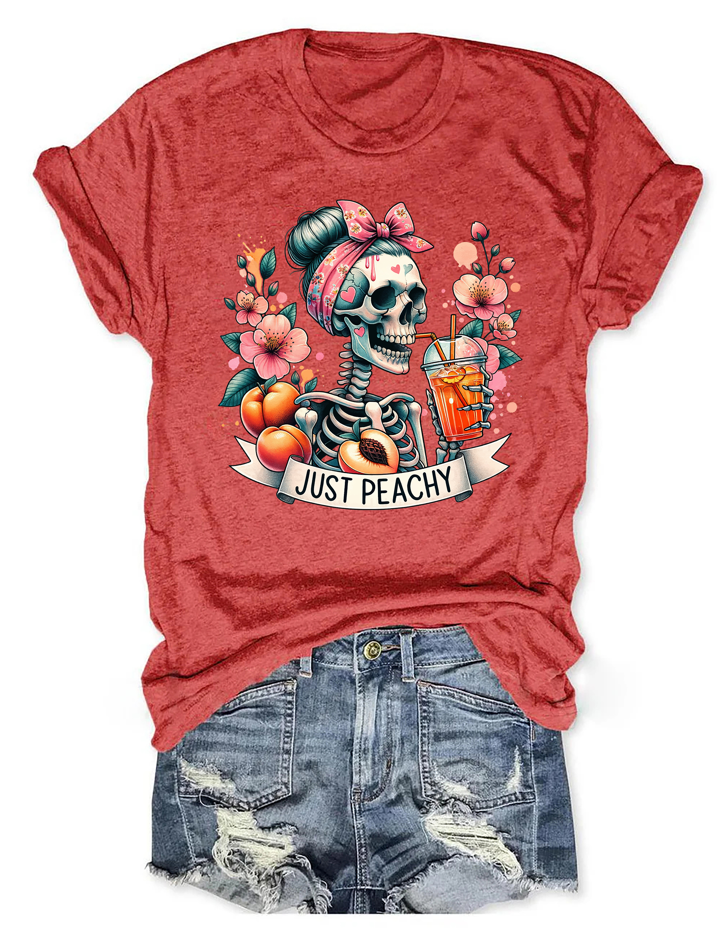 Just Peachy T-Shirt Funny Skeleton Drinking Graphic Meme Shirt Gifts For Her
