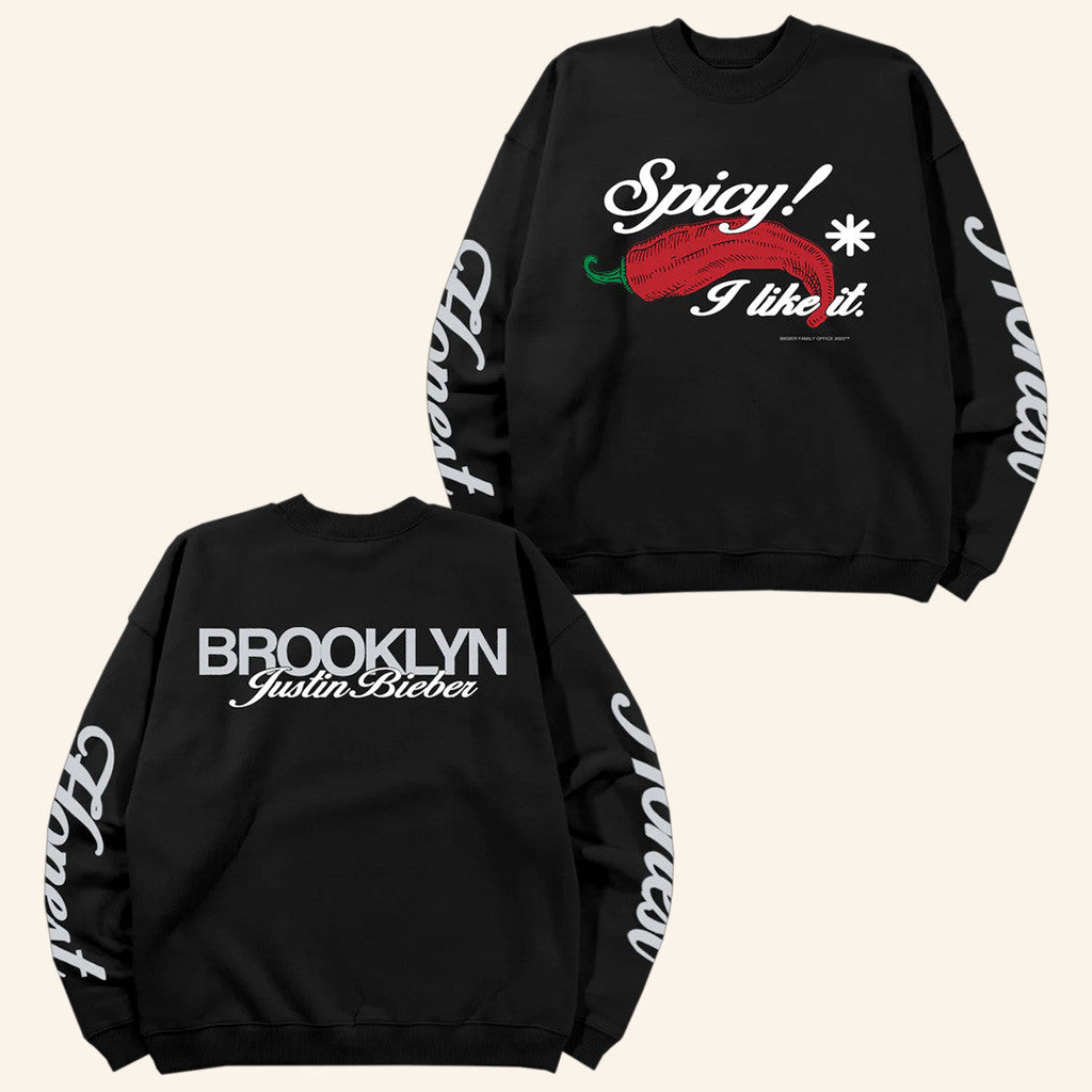 Justin Bieber Merch Spicy x Brooklyn Black Crewneck Sweatshirt Birthday Gift For Friends Justin Bieber Merch Spicy x Brooklyn Black Crewneck Sweatshirt Birthday Gift For Friends