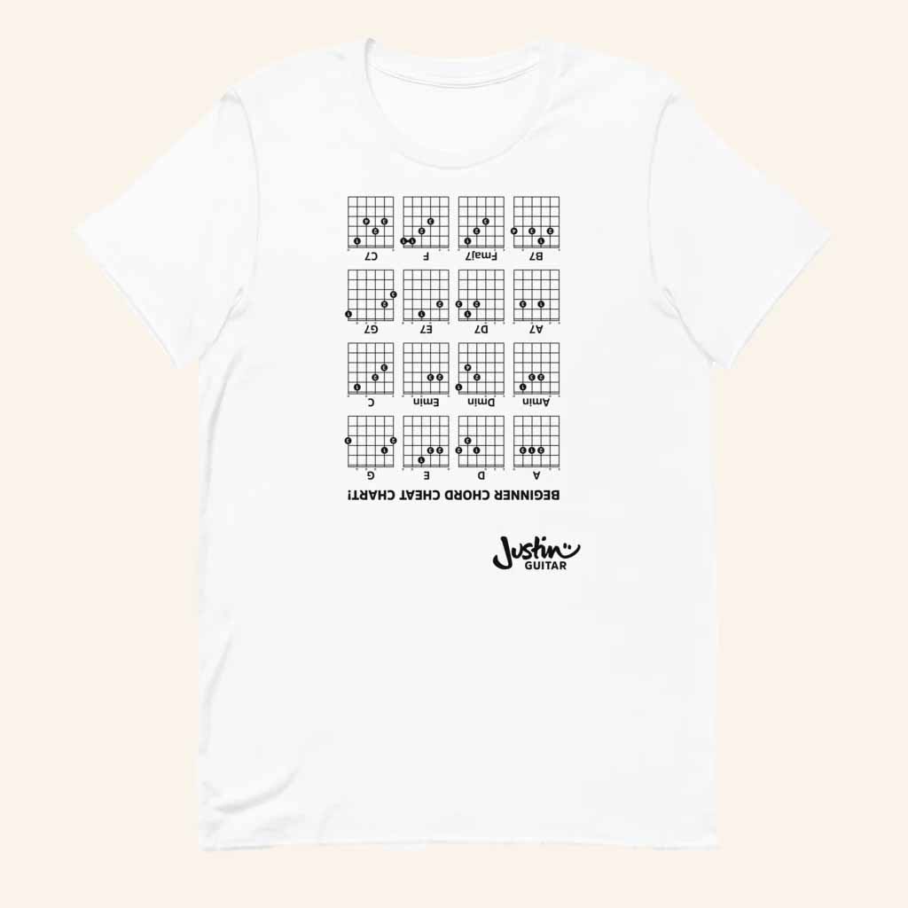 Justinguitar Merch  Guitar Cheat Chords For Beginners White Shirt Gifts For Guitar Players Justinguitar Merch  Guitar Cheat Chords For Beginners White Shirt Gifts For Guitar Players