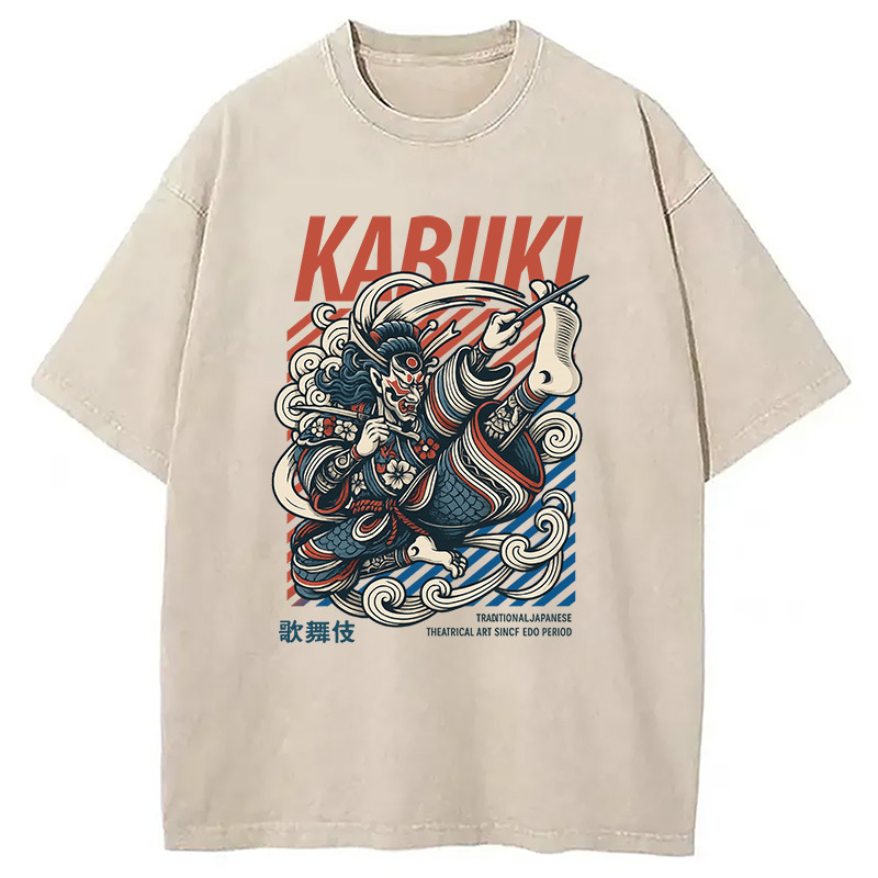 Kabuki Japanese Art Washed T-Shirt Cool Urban Street Style Shirt Gifts For Friends Kabuki Japanese Art Washed T-Shirt Cool Urban Street Style Shirt Gifts For Friends