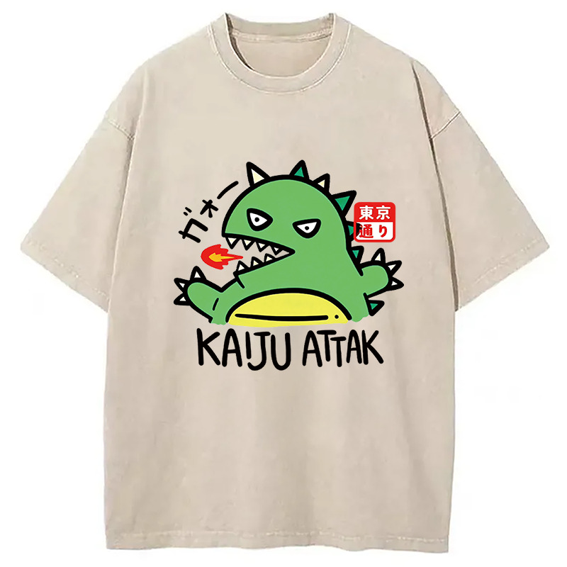 Kaiju Attack Washed T-Shirt Casual Vintage Everyday Look Gifts For Brother