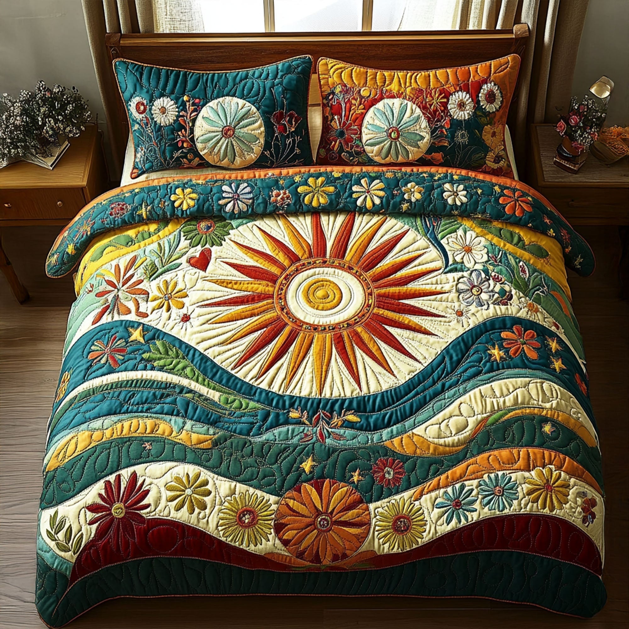 Kaleido Sun Quilted Bedding Set Unique Bed Sheet Set Hippie Gifts For Mom