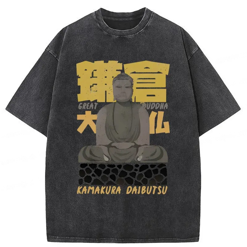 Kamakura Daibutsu Washed T-Shirt Cool Urban Street Style Shirt Gifts For Friends