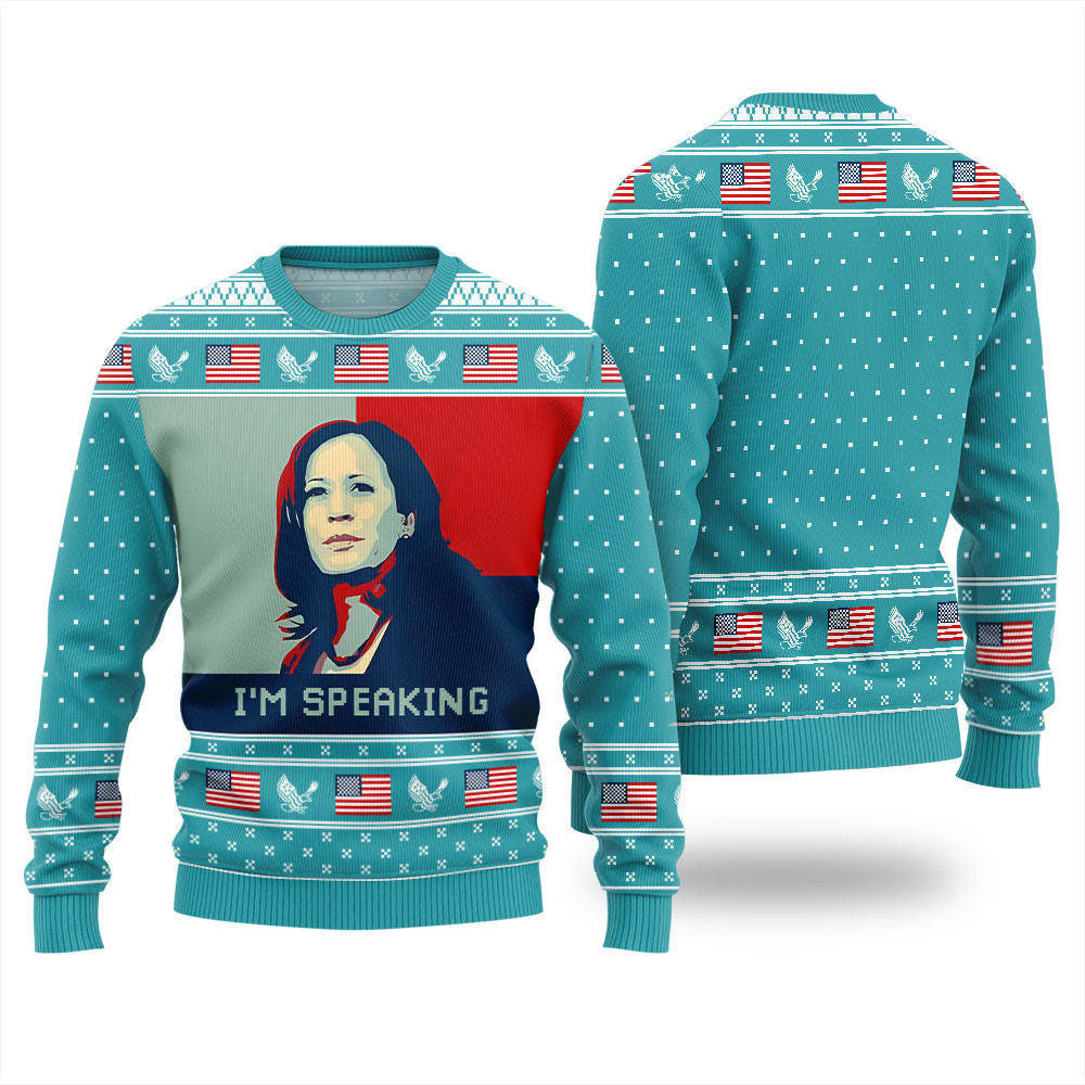Kamala Harris I Am Speaking Ugly Christmas Sweater Blue Trendy Winter Sweatshirt for Cozy Moments