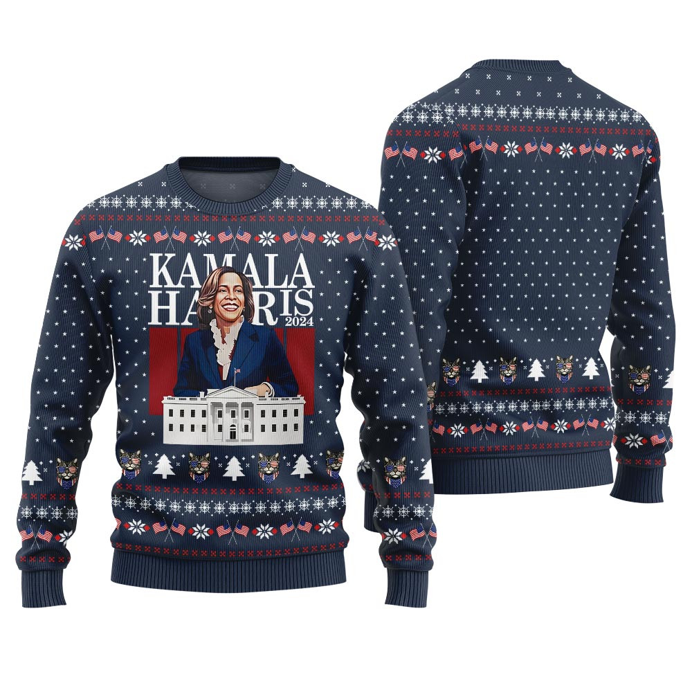 Kamala Harris Ugly Holiday Sweater For President Campaign Navy Popular Holiday Gift Merch for Everyone
