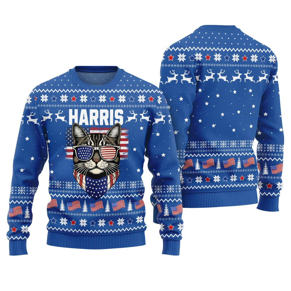 Kamala Harris With Cat Ladies And American Flag Ugly Christmas Sweater Royal Lovely Christmas Sweater Gift for Mom or Grandma