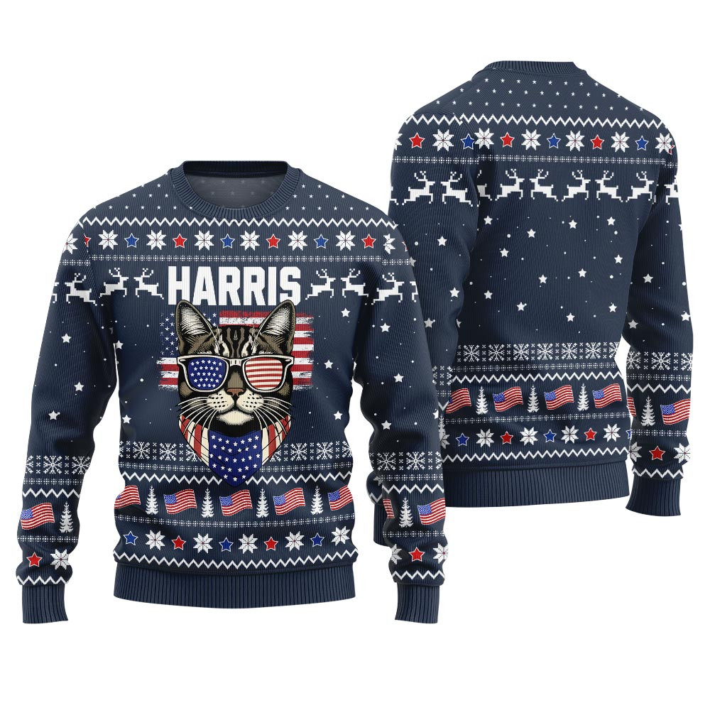 Kamala Harris With Cat Ladies Funny Holiday Sweaters Navy Lovely Christmas Sweater Gift for Mom or Grandma