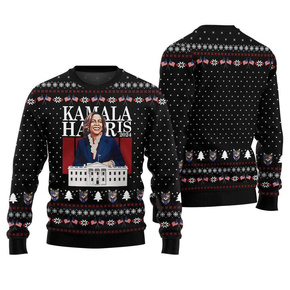 Kamala Harris With White House Ugly Holiday Sweater Black Festive Sweatshirt for Christmas Celebrations