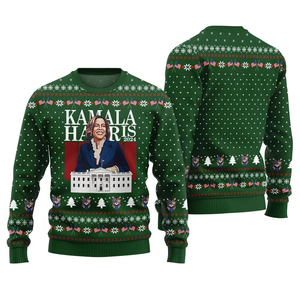 Kamala Harris With White House Ugly Sweater Men Green Cozy Christmas Sweater for Holiday Season