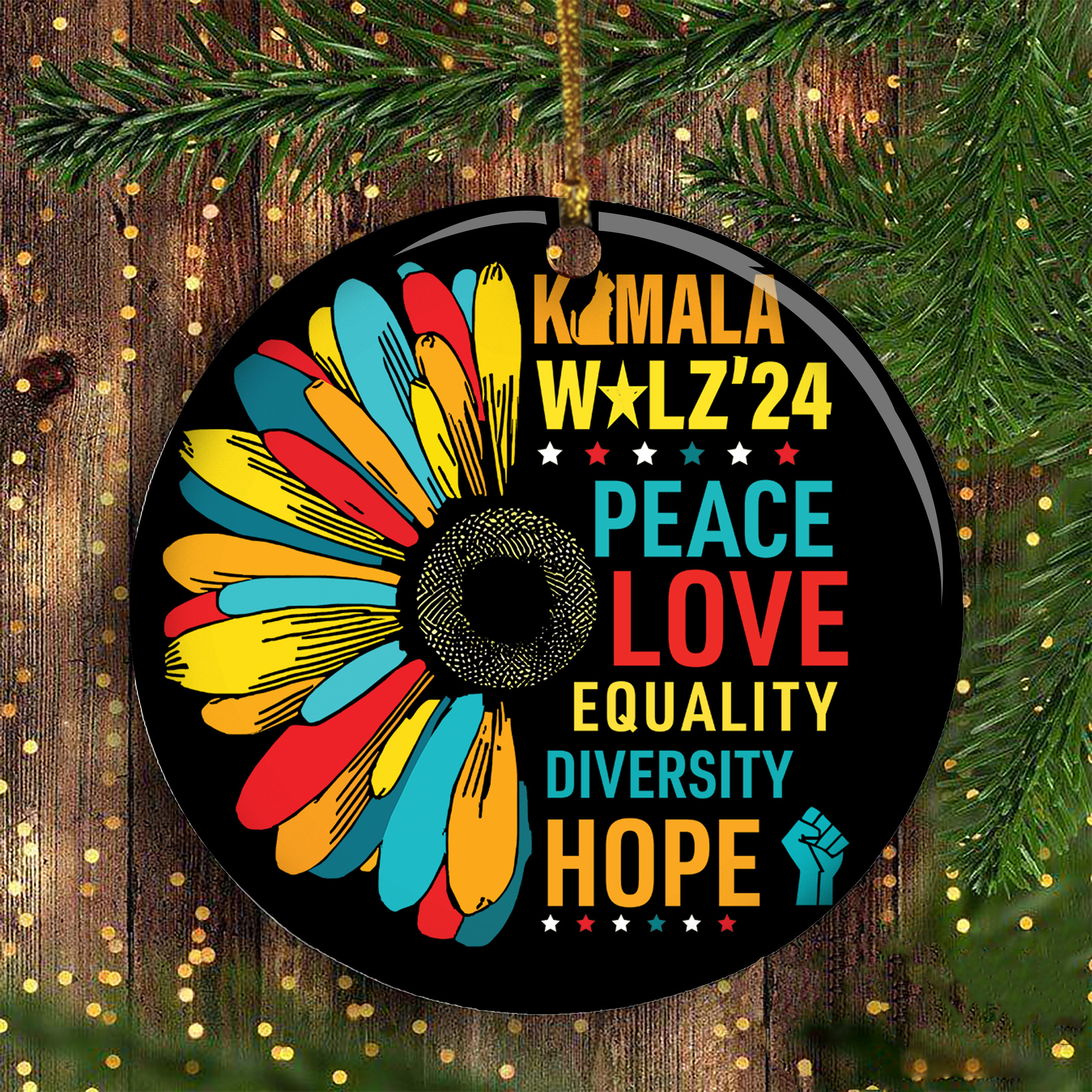 Kamala Walz 2024 Peace Love Equality Diversity Hope Ornament Daisy Vote Kamala Harris Ornament