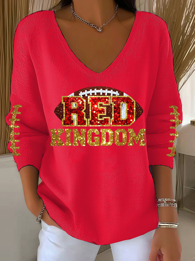 Kansas City Football Long V-Neck Game Day Clothing Red Kingdom Shirt Gifts For Football Lovers