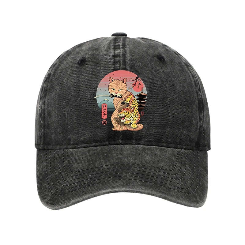 Katana Cat Tattoo Washed Hat Animal Themed Funny Hat Good Gifts For Cat Owners