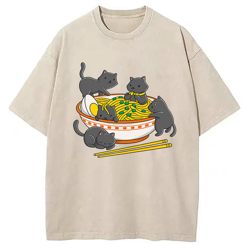 Kawaii Anime Cat Japanese Ramen Washed T-Shirt Unique Aesthetic Fashion Tee Gifts For Brother