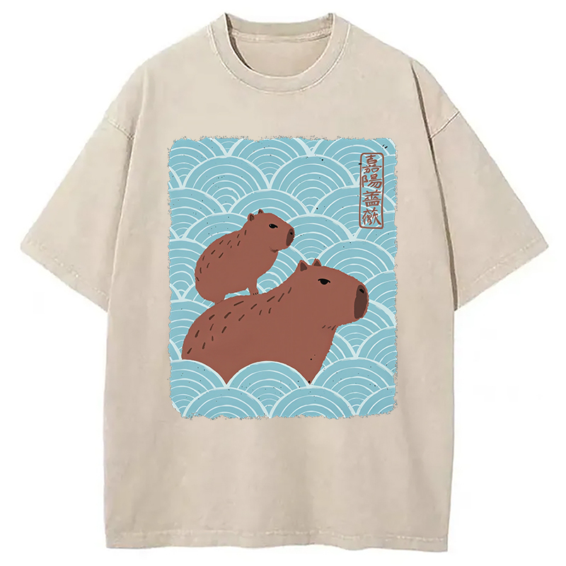 Kawaii Capybara Ukiyo-e Washed T-Shirt Retro Humor Graphic Top Gifts For Sister