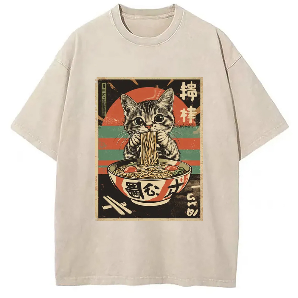 Kawaii Cat Lover Ramen Washed T-Shirt Retro Humor Graphic Top Gifts For BFF