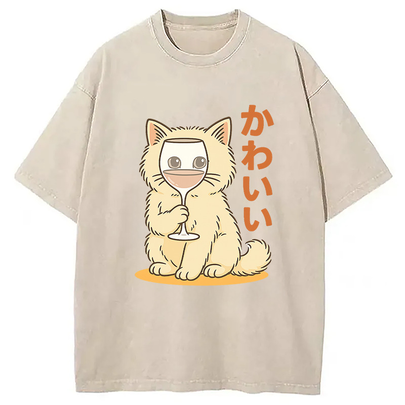 Kawaii Cat with Wine Glass Face Washed T-Shirt Classic Graphic Fashion Tee Gifts For Brother