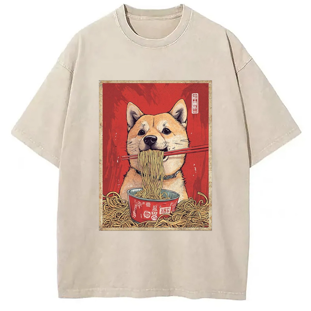 Kawaii Dog Lover Ramen Washed T-Shirt Trendy Everyday Casual Outfit Gifts For Friends
