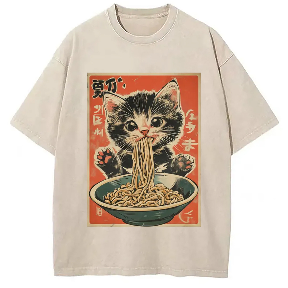 Kawaii Ramen Cat Vintage Japanese Washed T-Shirt Unique Aesthetic Fashion Tee Gifts For Besties