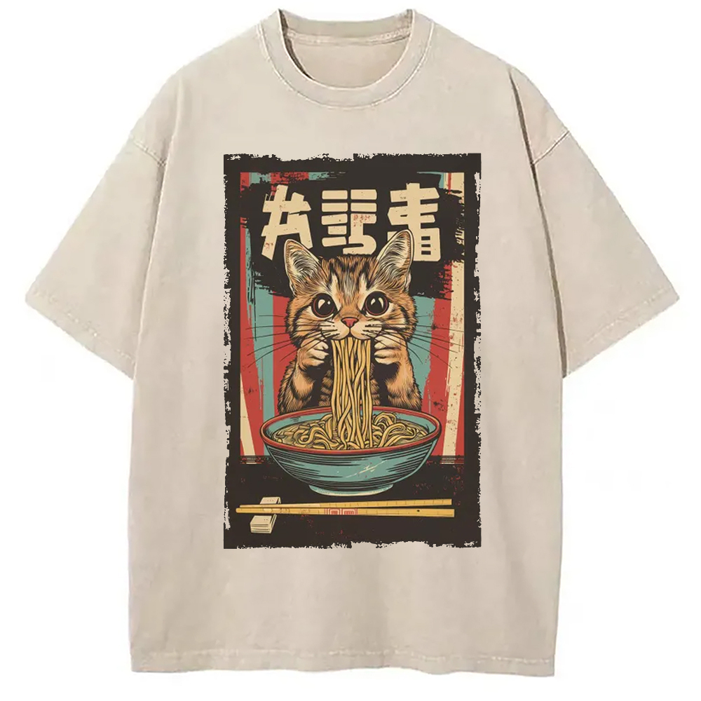 Kawaii Ramen Orange Cat Vintage Japanese Washed T-Shirt Cool Graphic Tee For Men Women Gifts For Sister-1