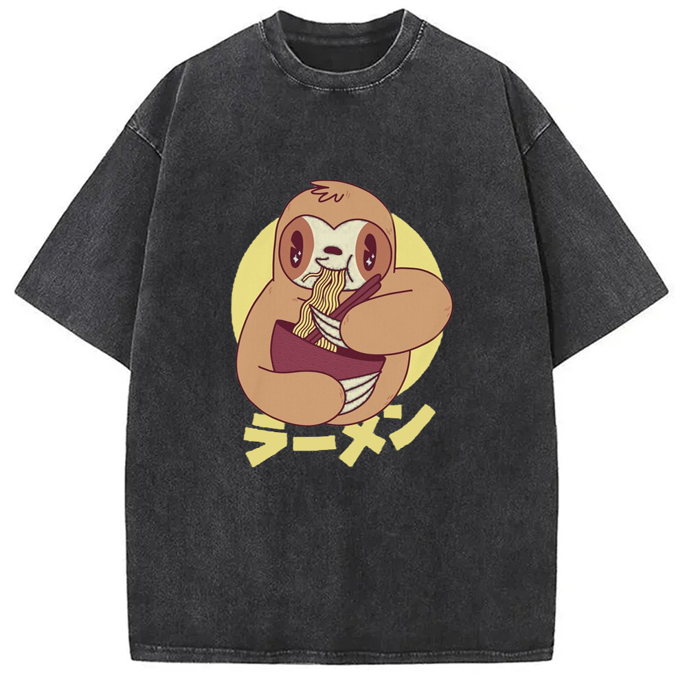 Kawaii Ramen Sloth Washed T-Shirt Casual Vintage Everyday Look Gifts For Brother