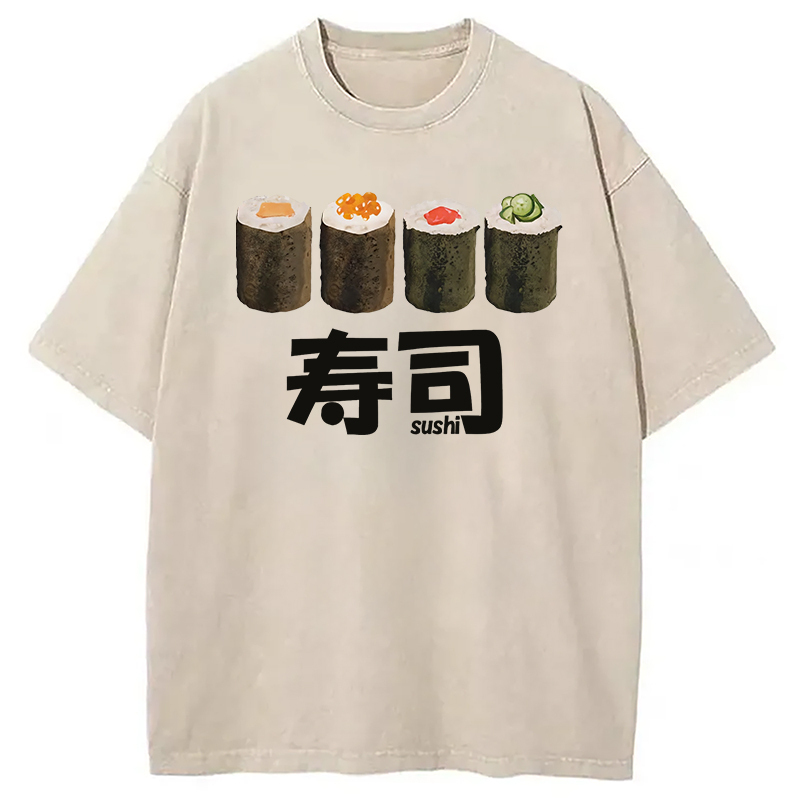 Kawaii Sushi Roll Washed T-Shirt Retro Humor Graphic Top Gifts For Friends