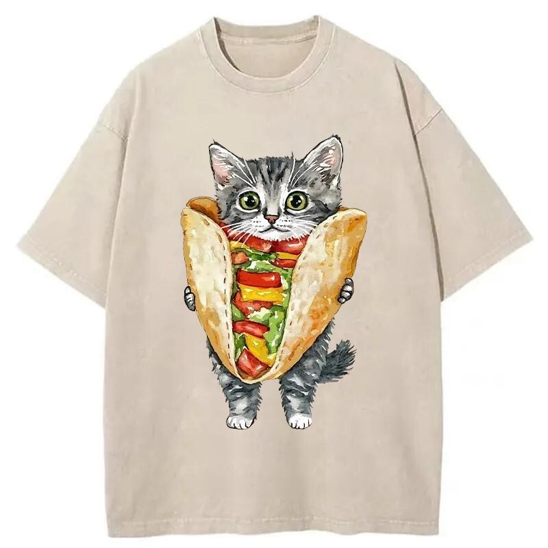 Kawaii Taco Cat Washed T-Shirt Soft Cotton Daily Wear Tee Gifts For Him