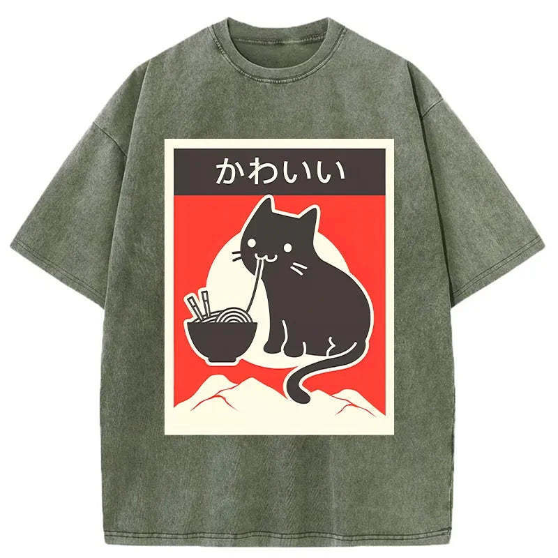 Kawaii Vintage Ramen Cat Washed T-Shirt Soft Comfortable Daily T Shirt Gifts For BFF