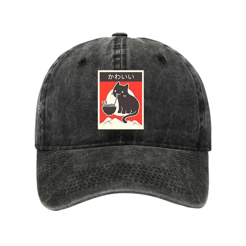Kawaii Vintage Style Japenese Ramen Cat Washed Hat Animal Pattern Unique Cat Gifts