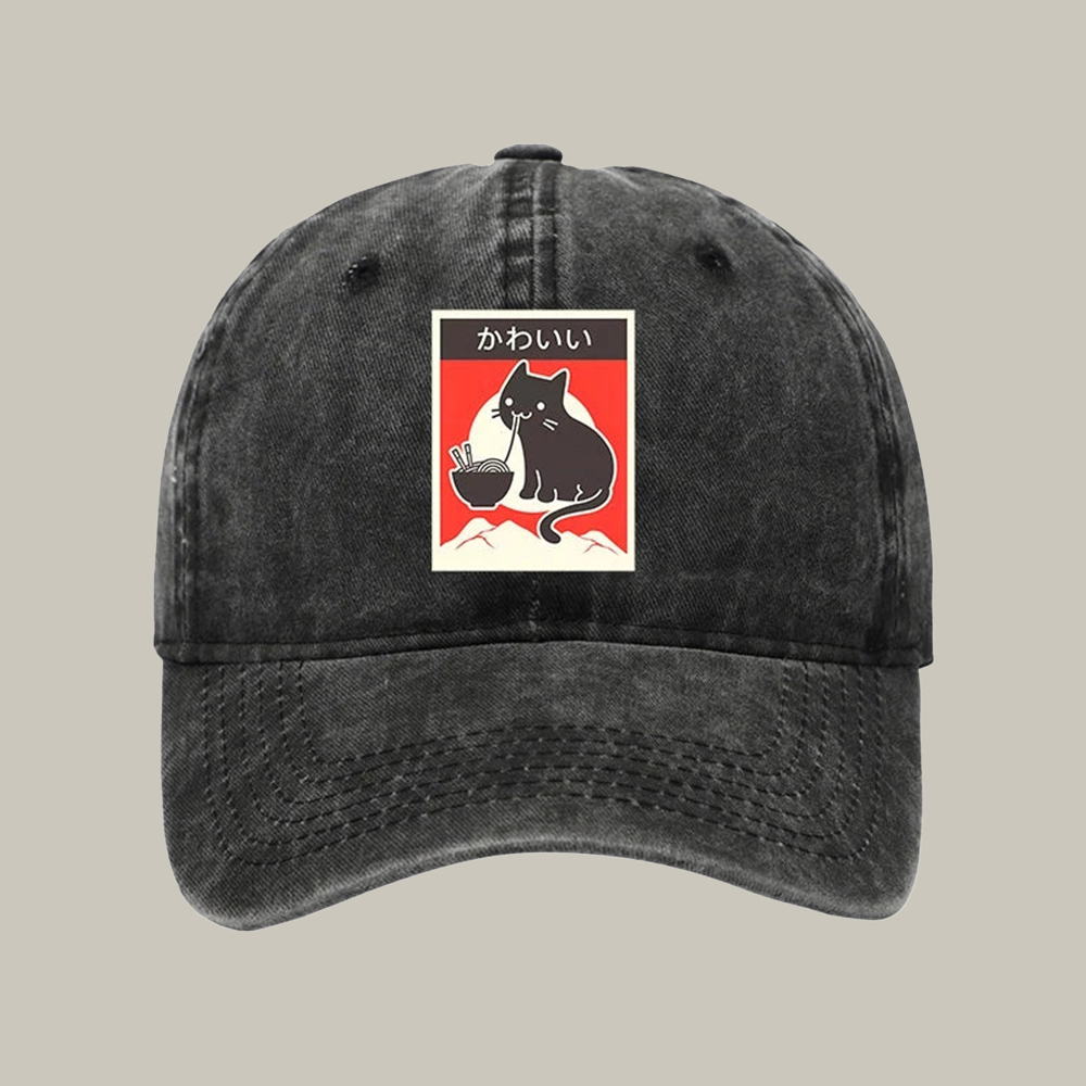 Kawaii Vintage Style Ramen Cat Washed Cap Funny Ball Caps Xmas Presents For Cat Lovers