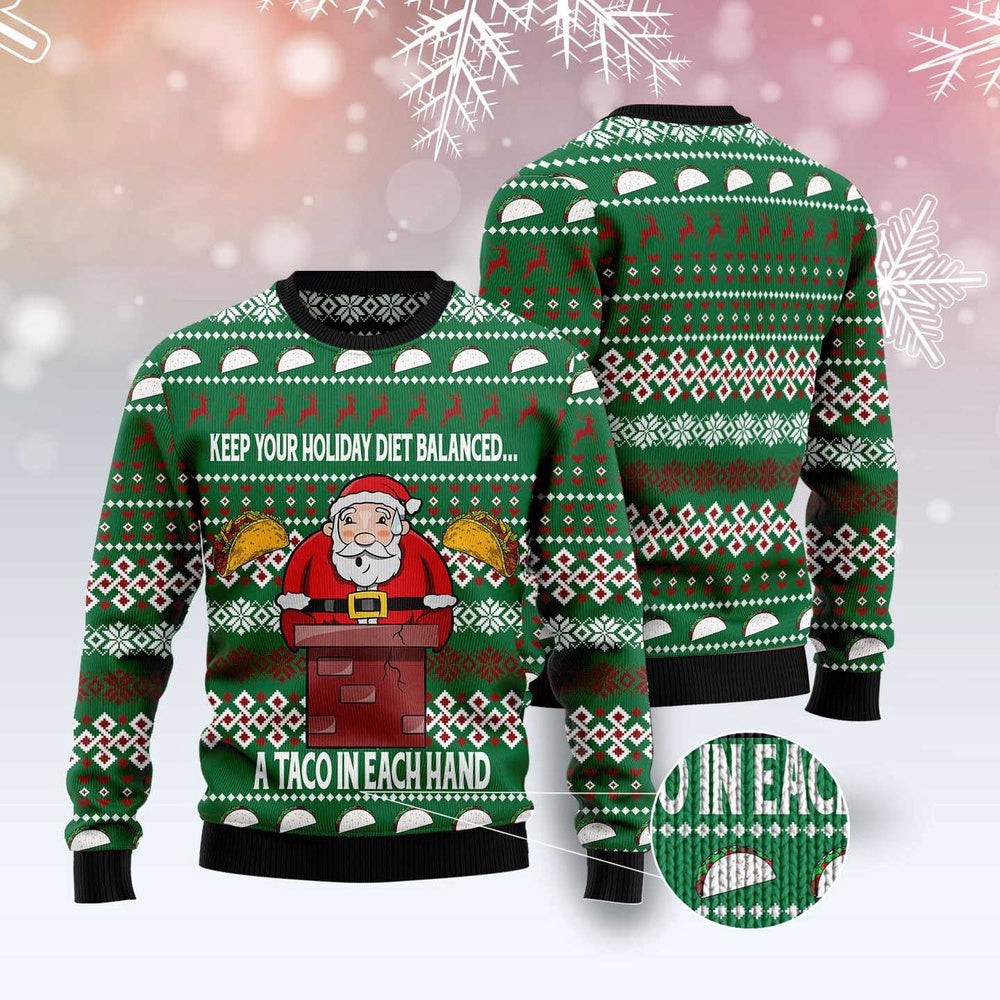 Keep Your Holiday Diet Balanced With Tacos Funny Ugly Christmas Sweater Gifts For Couples